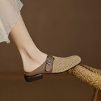 Women suede leather clogs with adjustable buckle strap in brown and beige