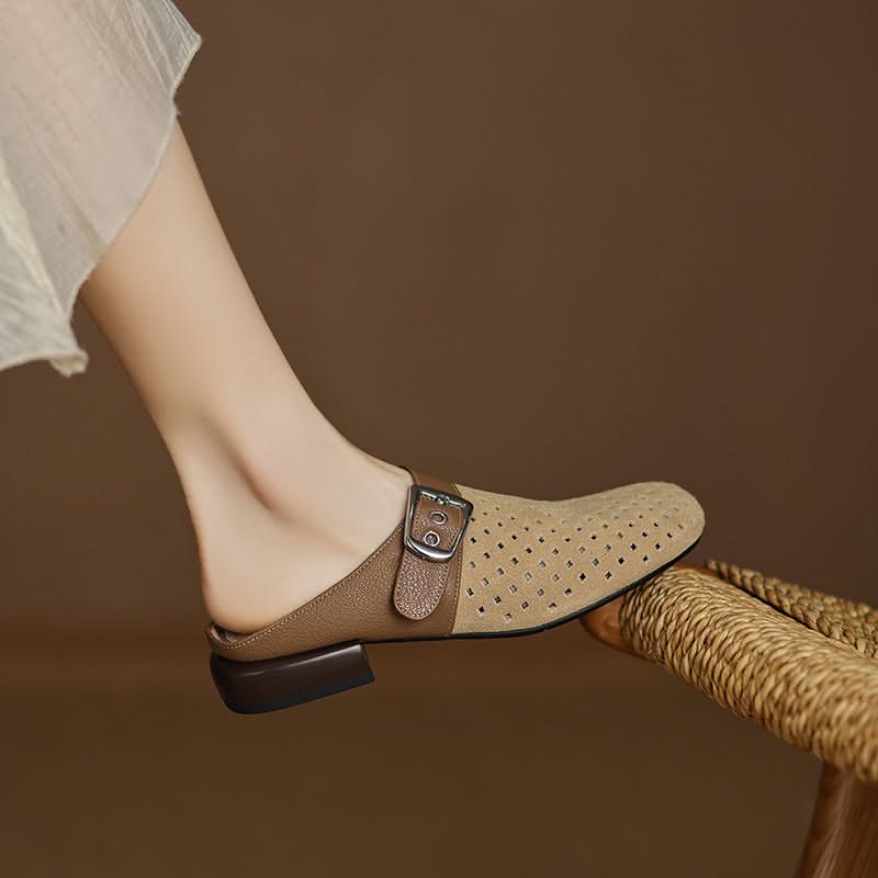 Women suede leather clogs with adjustable buckle strap in brown and beige