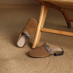 Women suede leather clogs with adjustable buckle strap in brown and beige