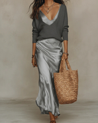 Women's satin midi dress with included jumper co-ord set, flattering fluid fit