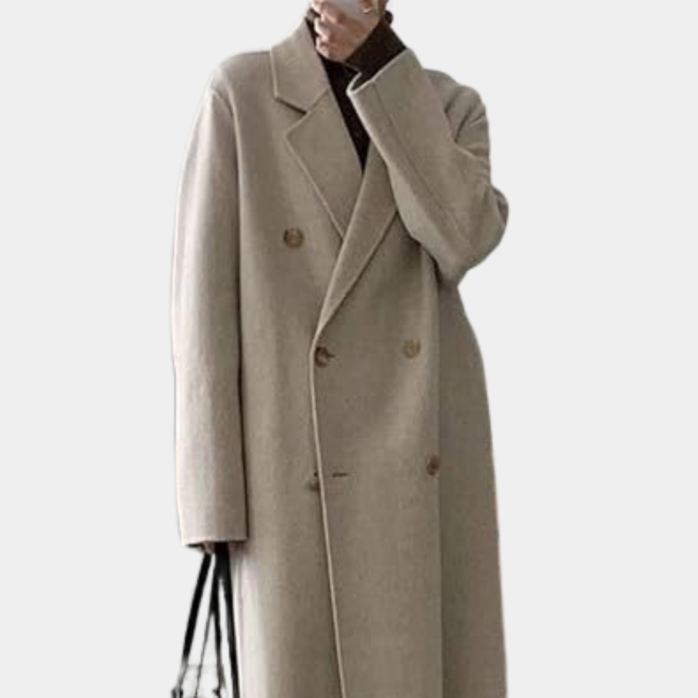 Women's long winter coat double breasted with warm lining, oversized fit