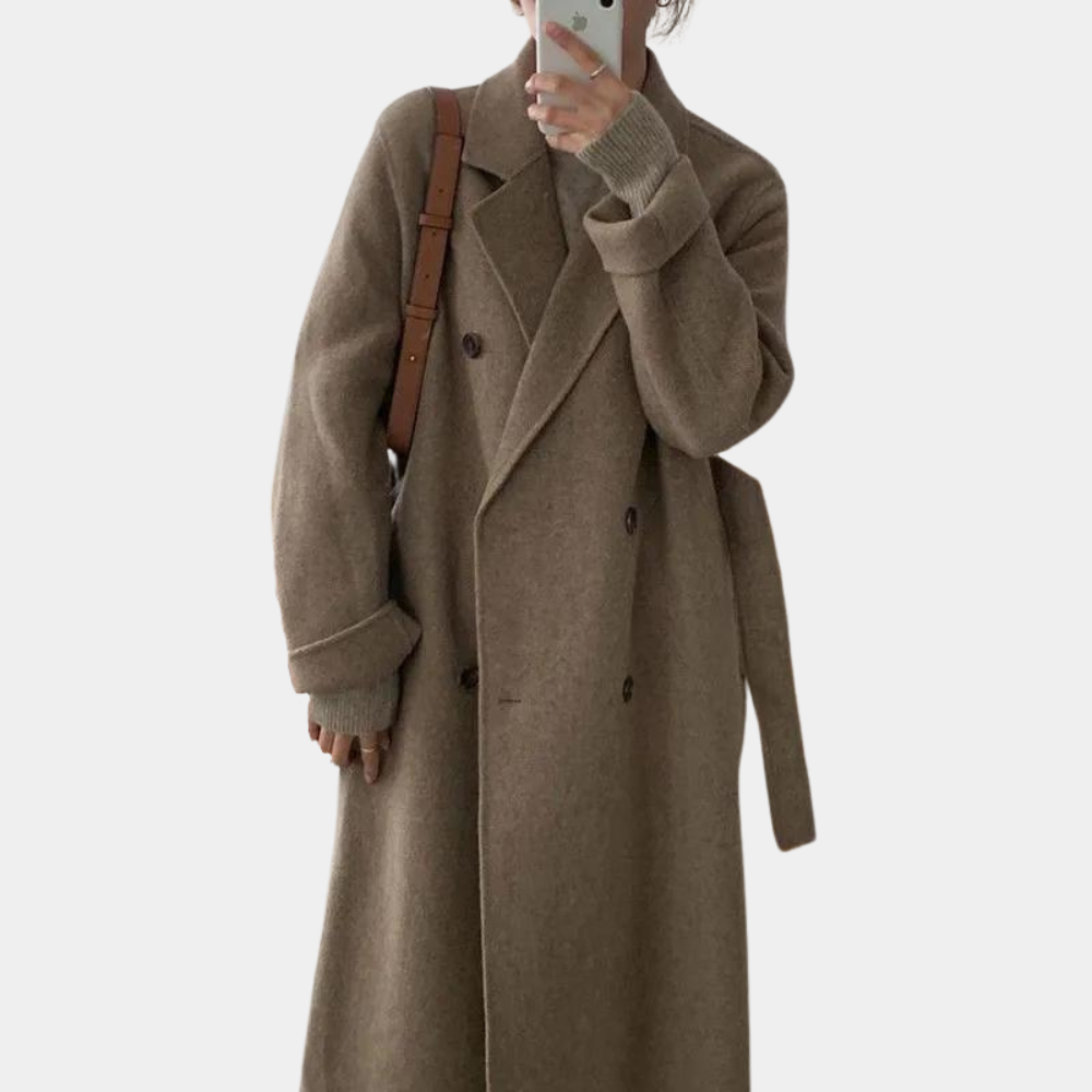 Women's long winter coat double breasted with warm lining, oversized fit