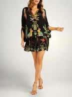 Tropical print dress drop shoulder coconut tree print loose fit vacation resort wear