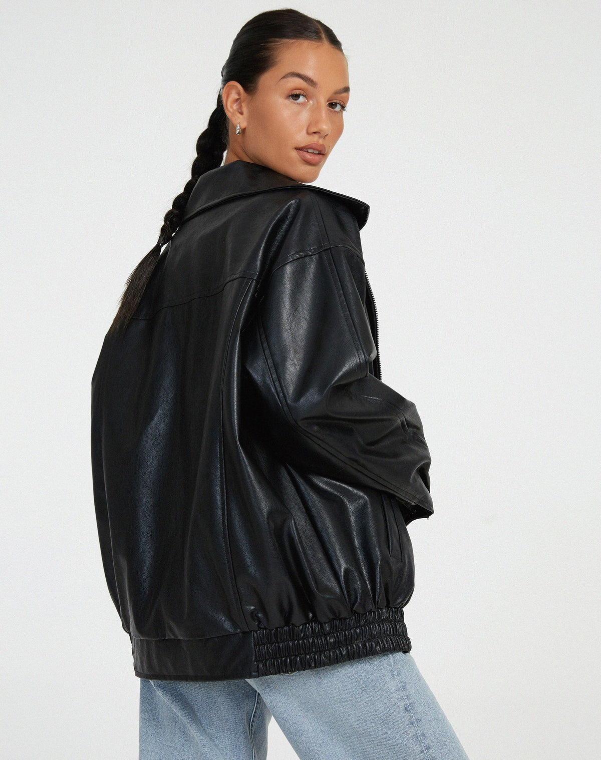 Women's oversized PU leather jacket in brown and black, relaxed fit streetwear style