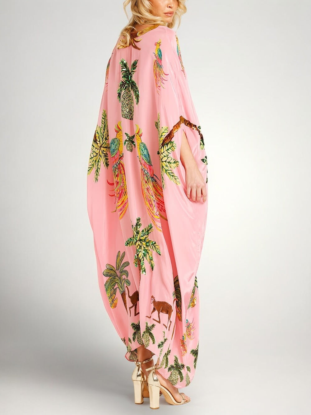 Tropical print dress drop shoulder coconut tree print loose fit vacation resort wear