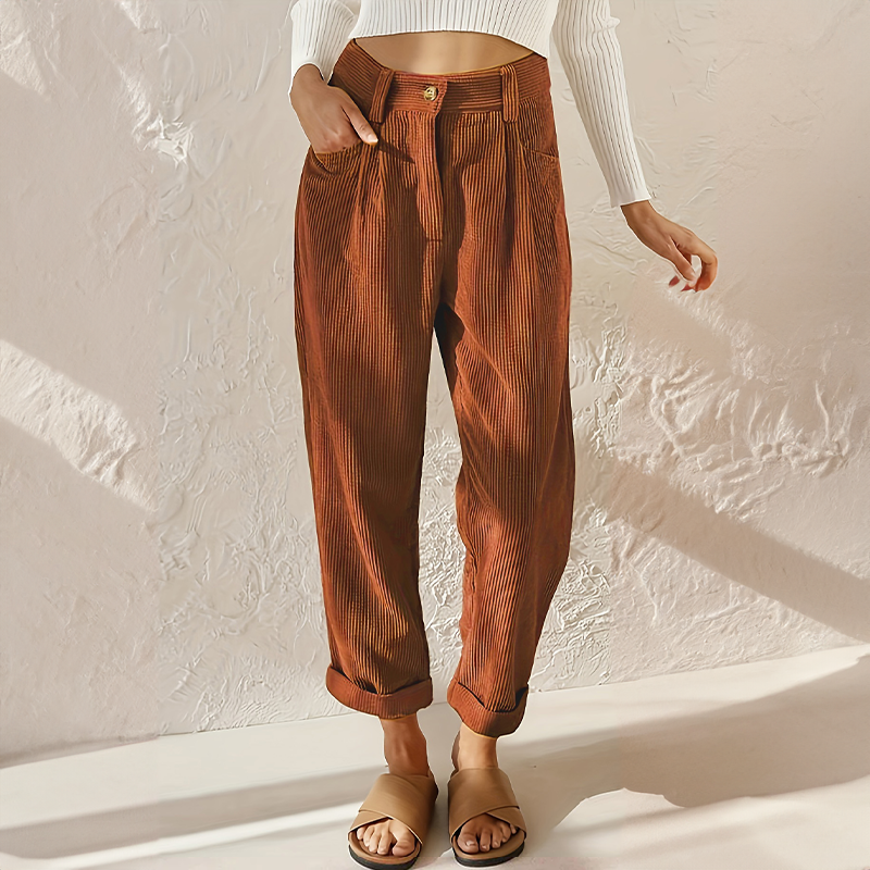Women's high waist corduroy pants vintage style flattering fit multiple colours