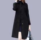 Women's long classic coat with chic collar and button closure, elegant regular fit