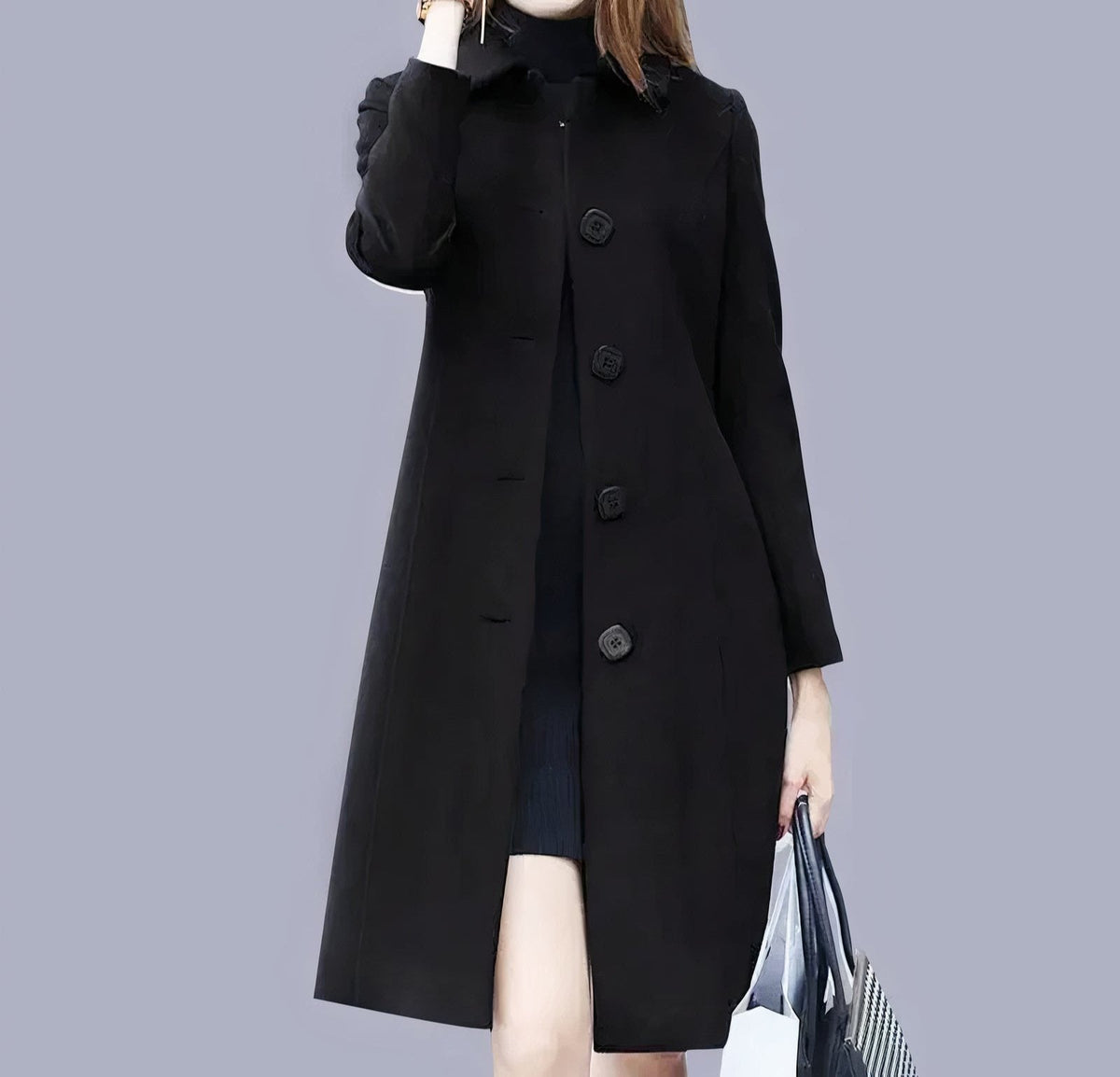 Women's long classic coat with chic collar and button closure, elegant regular fit
