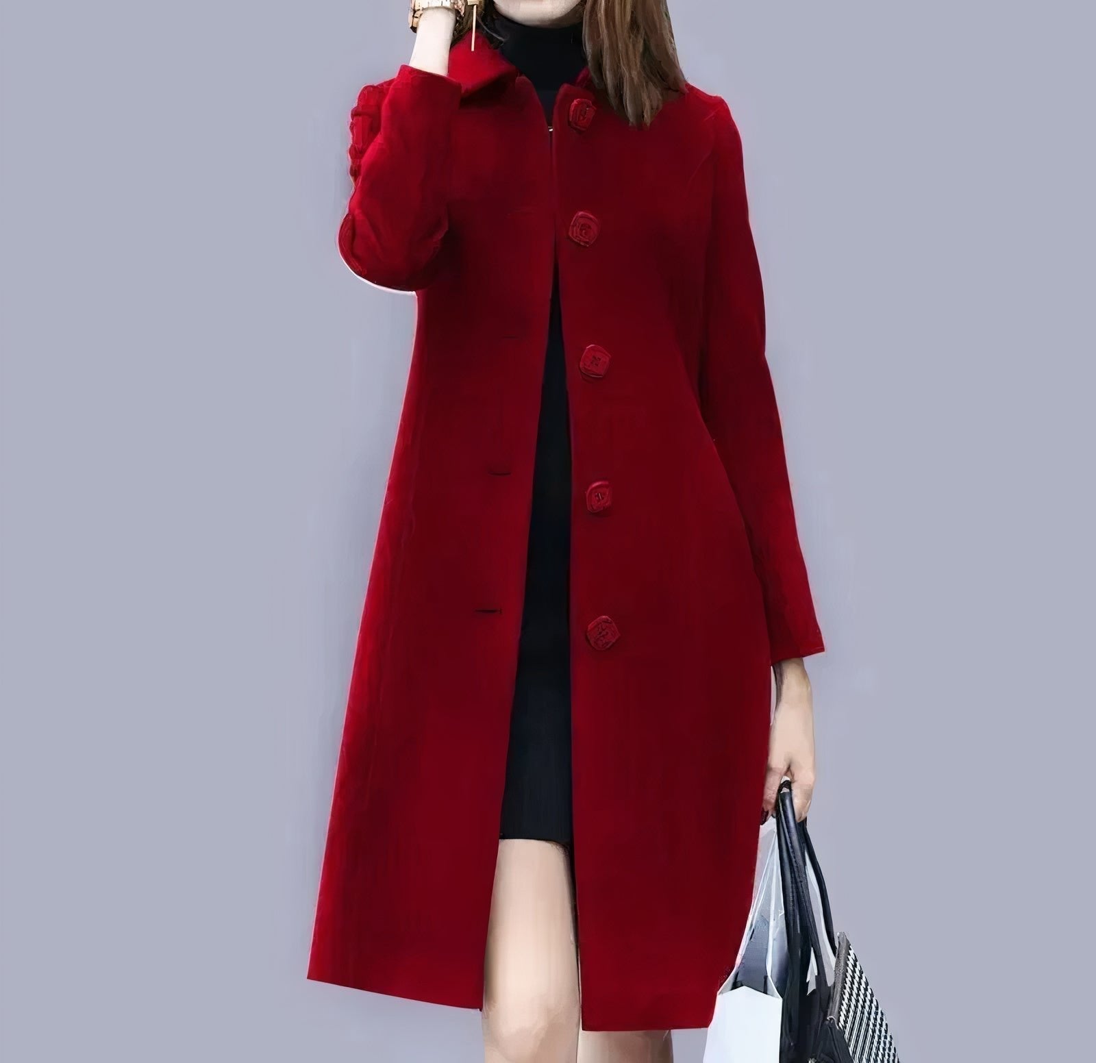 Women's long classic coat with chic collar and button closure, elegant regular fit
