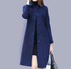 Women's long classic coat with chic collar and button closure, elegant regular fit