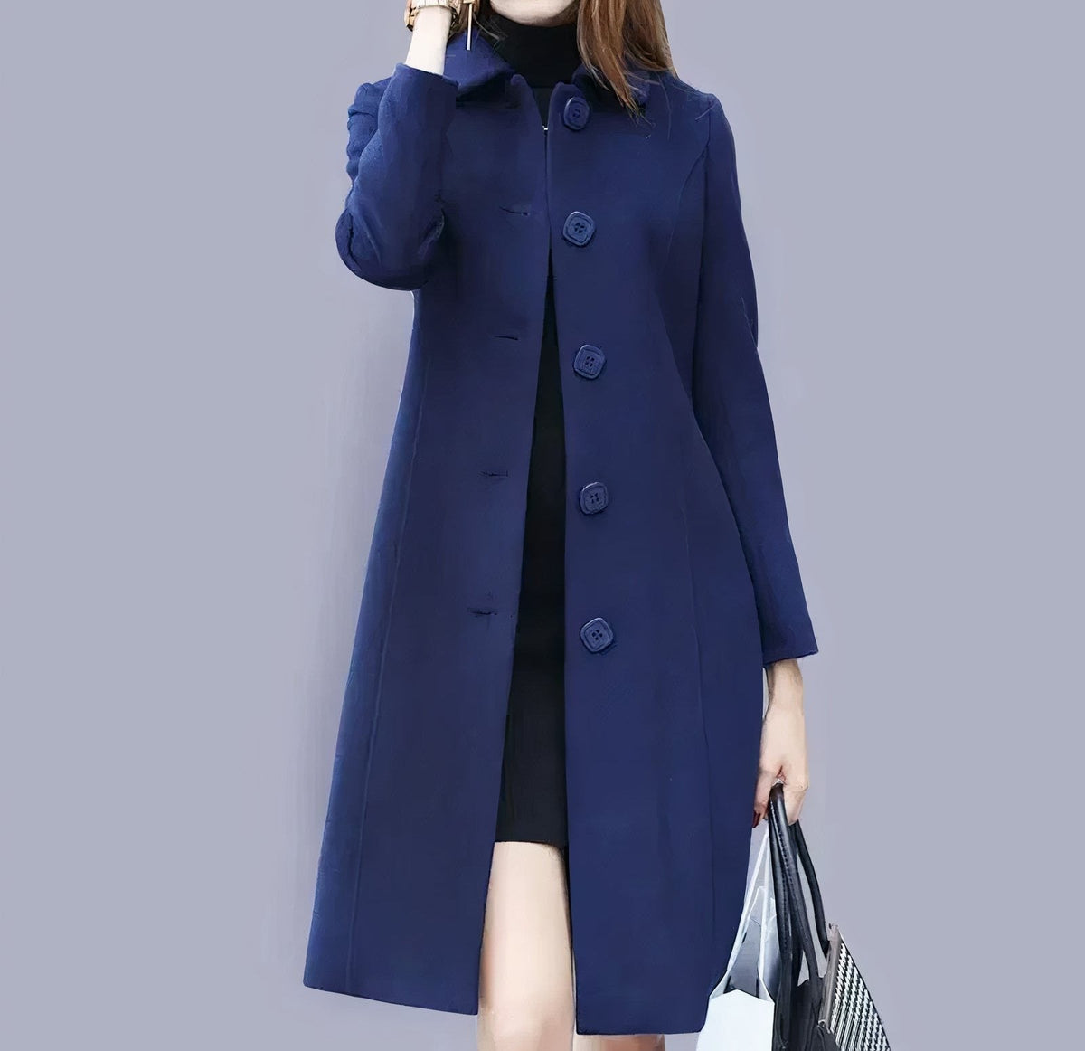 Women's long classic coat with chic collar and button closure, elegant regular fit