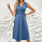 Women's A-line summer dress floral print V-neck sleeveless knee-length