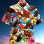 Men's polo shirt ice cream print, short sleeve with button placket, casual summer