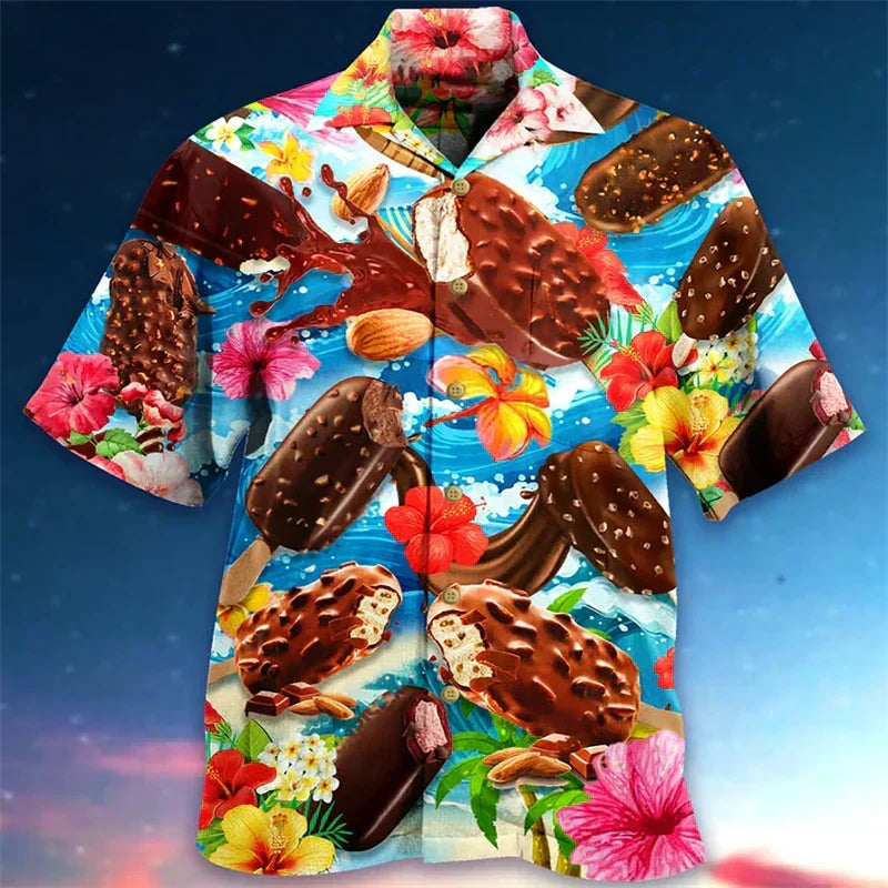 Men's polo shirt ice cream print, short sleeve with button placket, casual summer