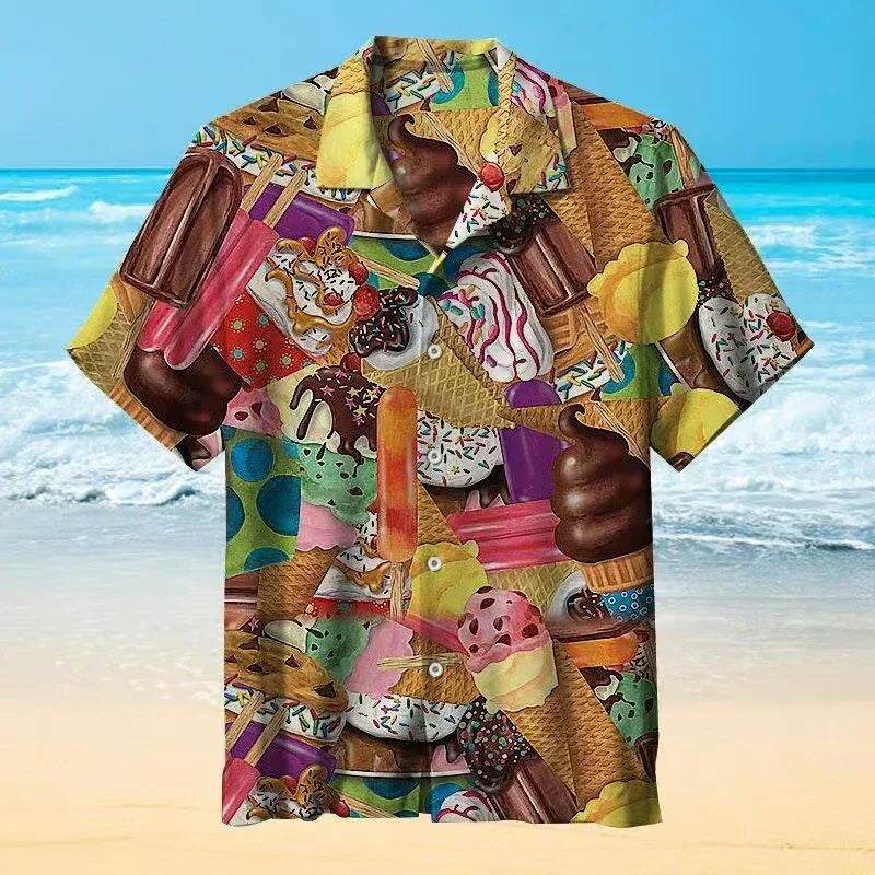 Men's polo shirt ice cream print, short sleeve with button placket, casual summer
