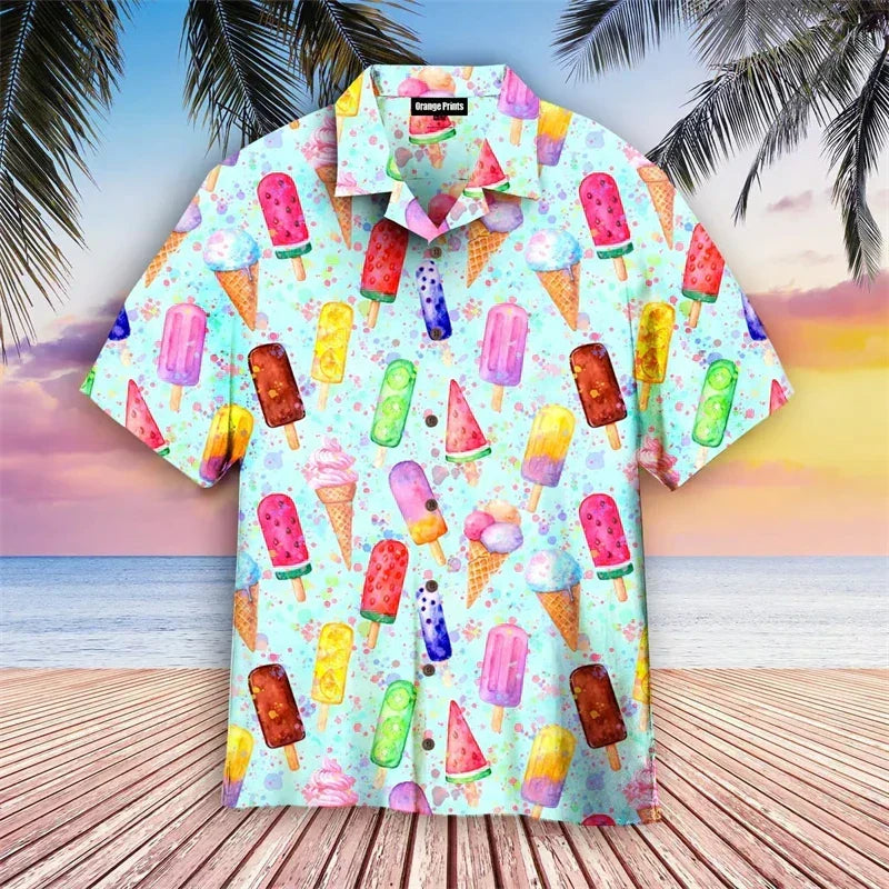 Men's polo shirt ice cream print, short sleeve with button placket, casual summer