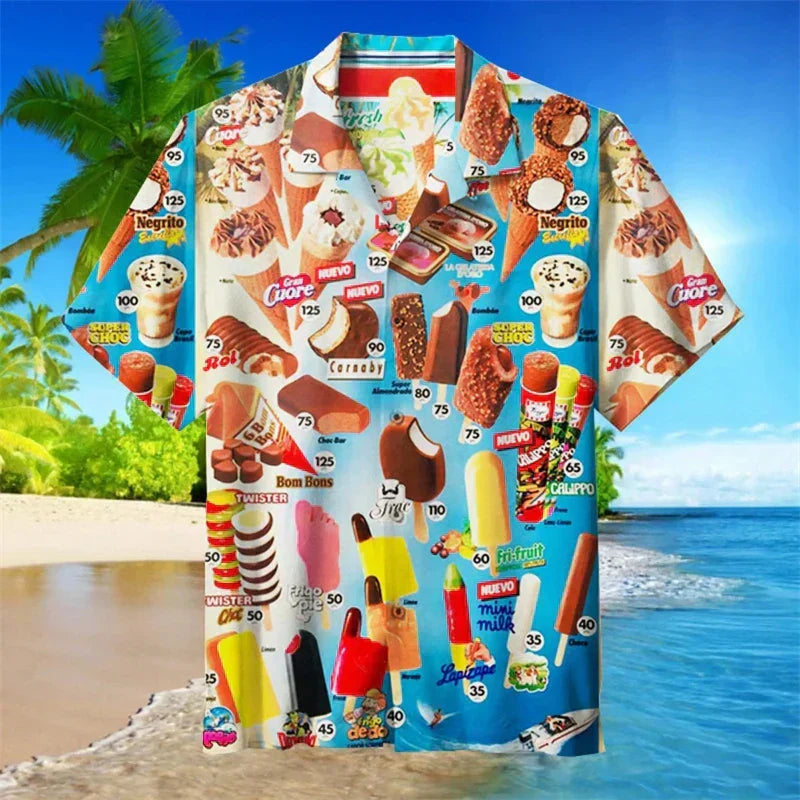 Men's polo shirt ice cream print, short sleeve with button placket, casual summer