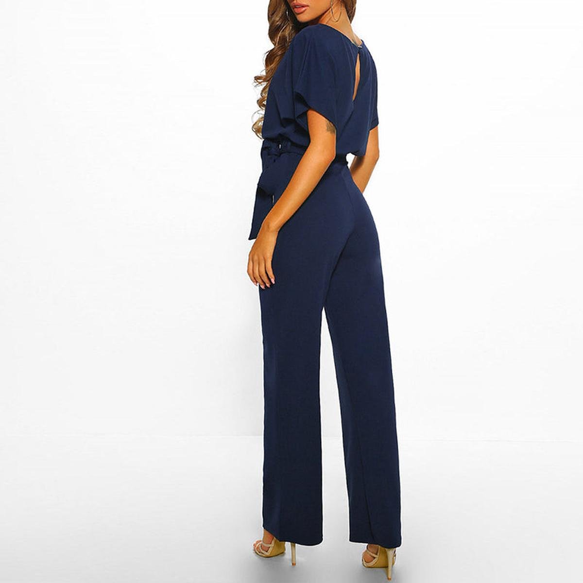 Women's short sleeve belted casual jumpsuit, relaxed summer fit, sizes S to 3XL