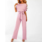Women's short sleeve belted casual jumpsuit, relaxed summer fit, sizes S to 3XL