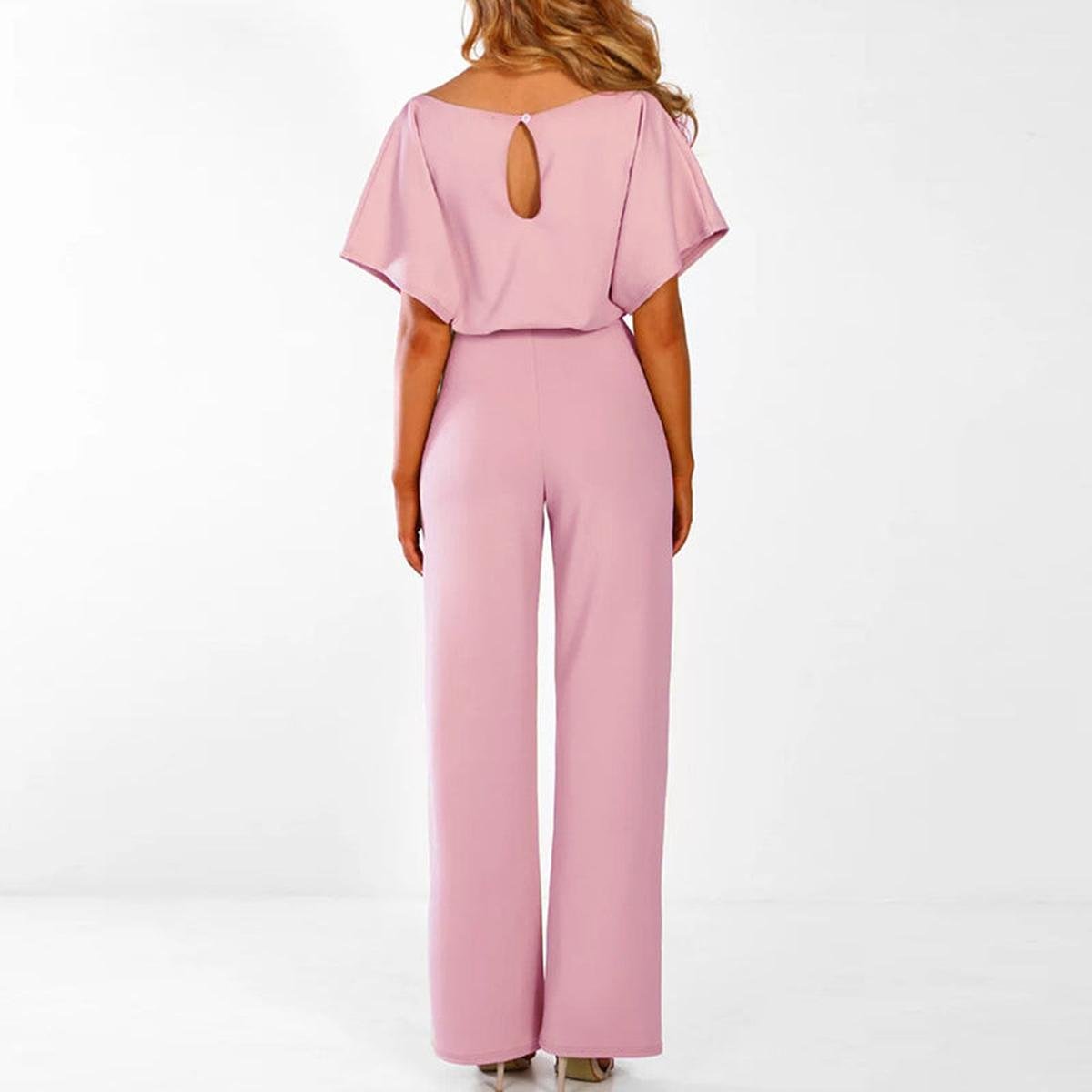Women's short sleeve belted casual jumpsuit, relaxed summer fit, sizes S to 3XL