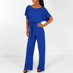 Women's short sleeve belted casual jumpsuit, relaxed summer fit, sizes S to 3XL