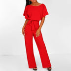 Women's short sleeve belted casual jumpsuit, relaxed summer fit, sizes S to 3XL