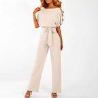 Women's short sleeve belted casual jumpsuit, relaxed summer fit, sizes S to 3XL