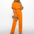 Women's short sleeve belted casual jumpsuit, relaxed summer fit, sizes S to 3XL