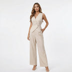 Women 2 piece sleeveless vest and wide leg trousers set in beige tailored fit