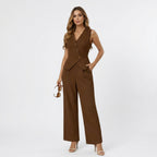 Women 2 piece sleeveless vest and wide leg trousers set in beige tailored fit