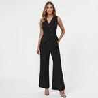 Women 2 piece sleeveless vest and wide leg trousers set in beige tailored fit