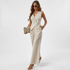 Women 2 piece sleeveless vest and wide leg trousers set in beige tailored fit
