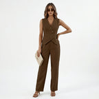 Women 2 piece sleeveless vest and wide leg trousers set in beige tailored fit
