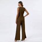 Women 2 piece sleeveless vest and wide leg trousers set in beige tailored fit