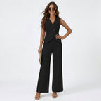 Women 2 piece sleeveless vest and wide leg trousers set in beige tailored fit