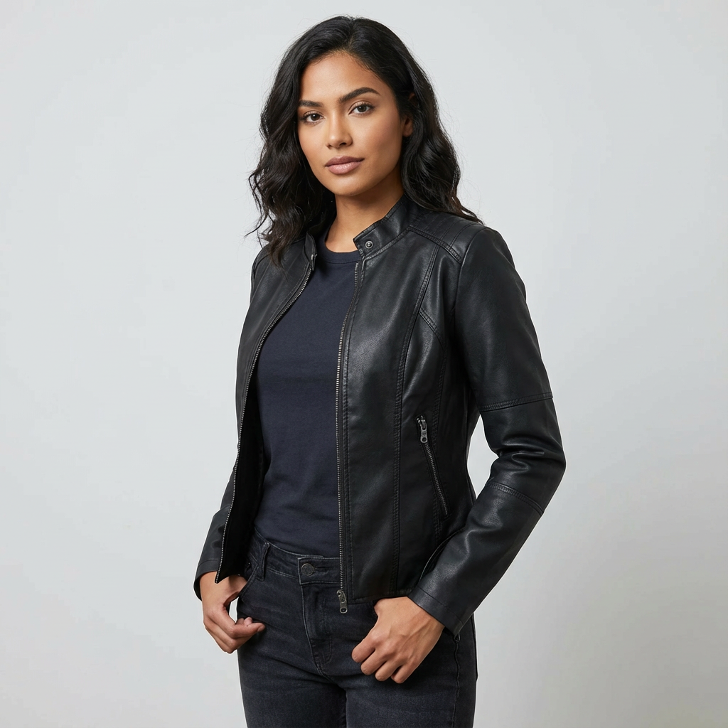 Women leather jacket fitted silhouette with zip closure