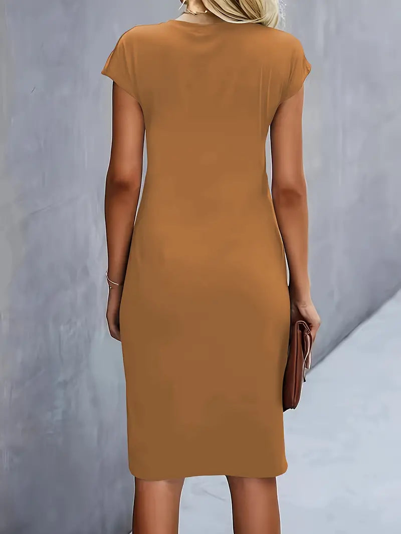 Women's midi dress with flattering silhouette and round neckline, available in 9 colours