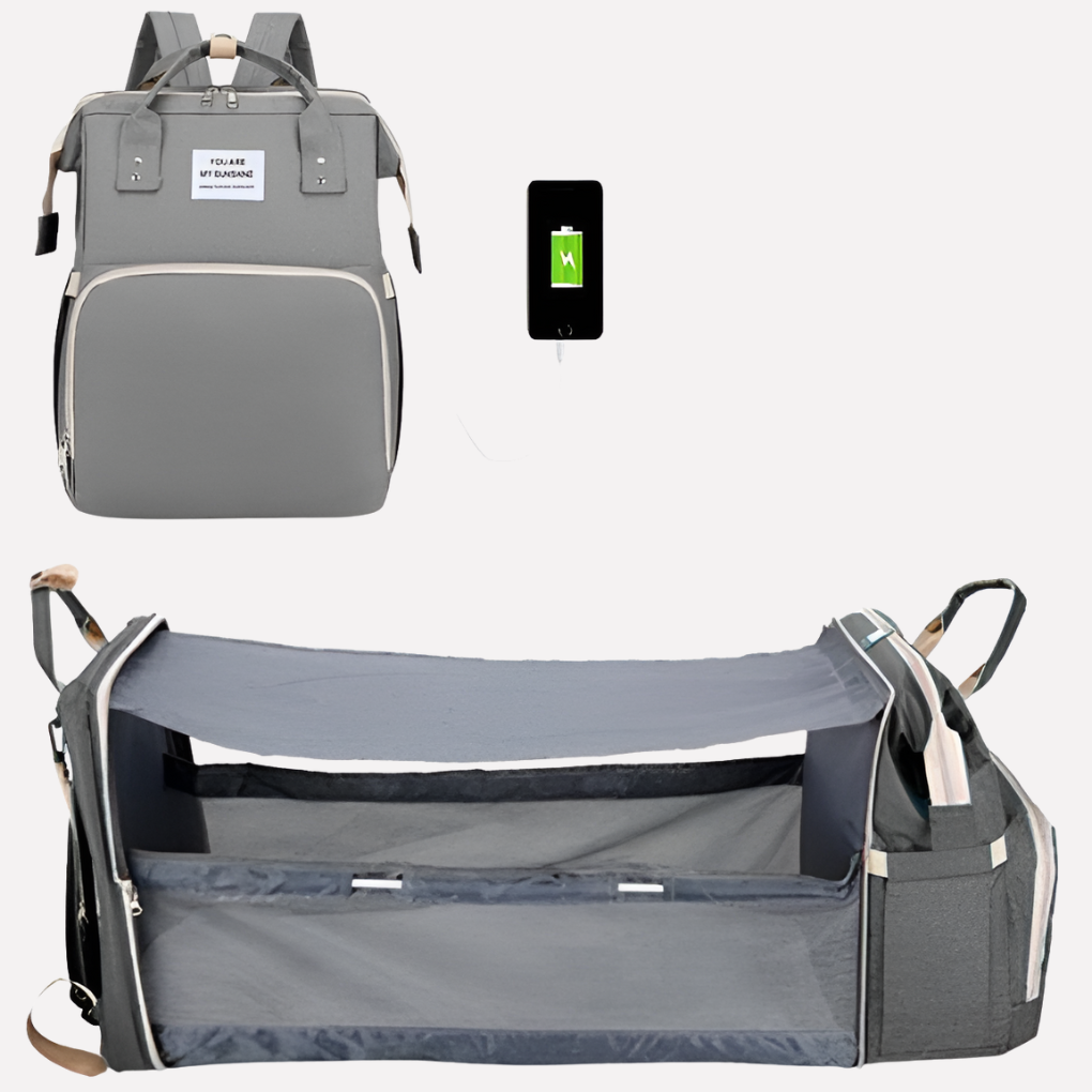 All in one diaper bag with fold-out changing pad and USB charging port