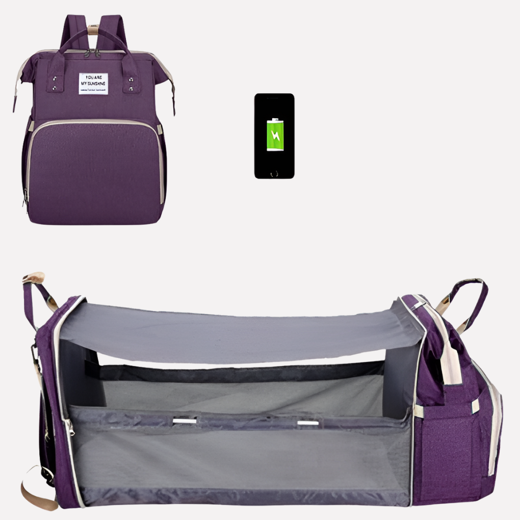 All in one diaper bag with fold-out changing pad and USB charging port