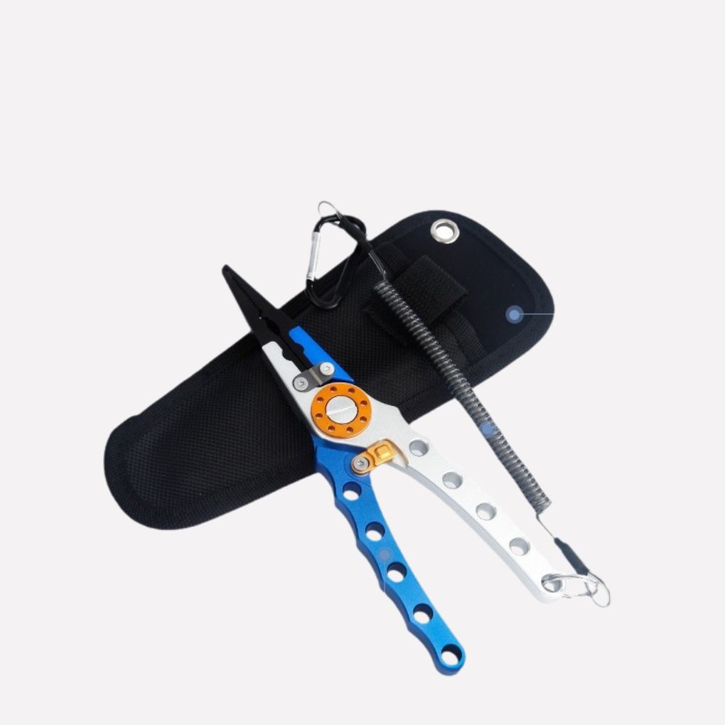 Aluminum fishing pliers with braid cutter and split-ring tip for saltwater and freshwater use