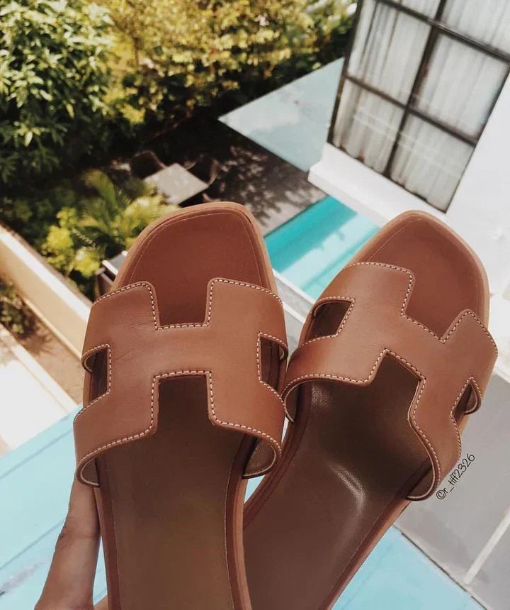 Heeled Sandals Women Genuine Leather Low Heel H Strap Slip On