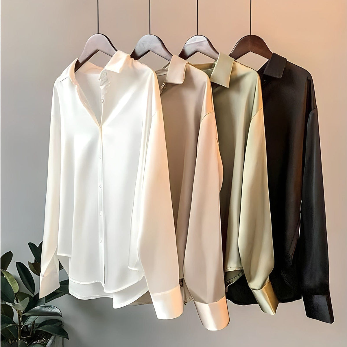 Women's satin blouse long sleeve elegant, available in champagne, black, white and sage green