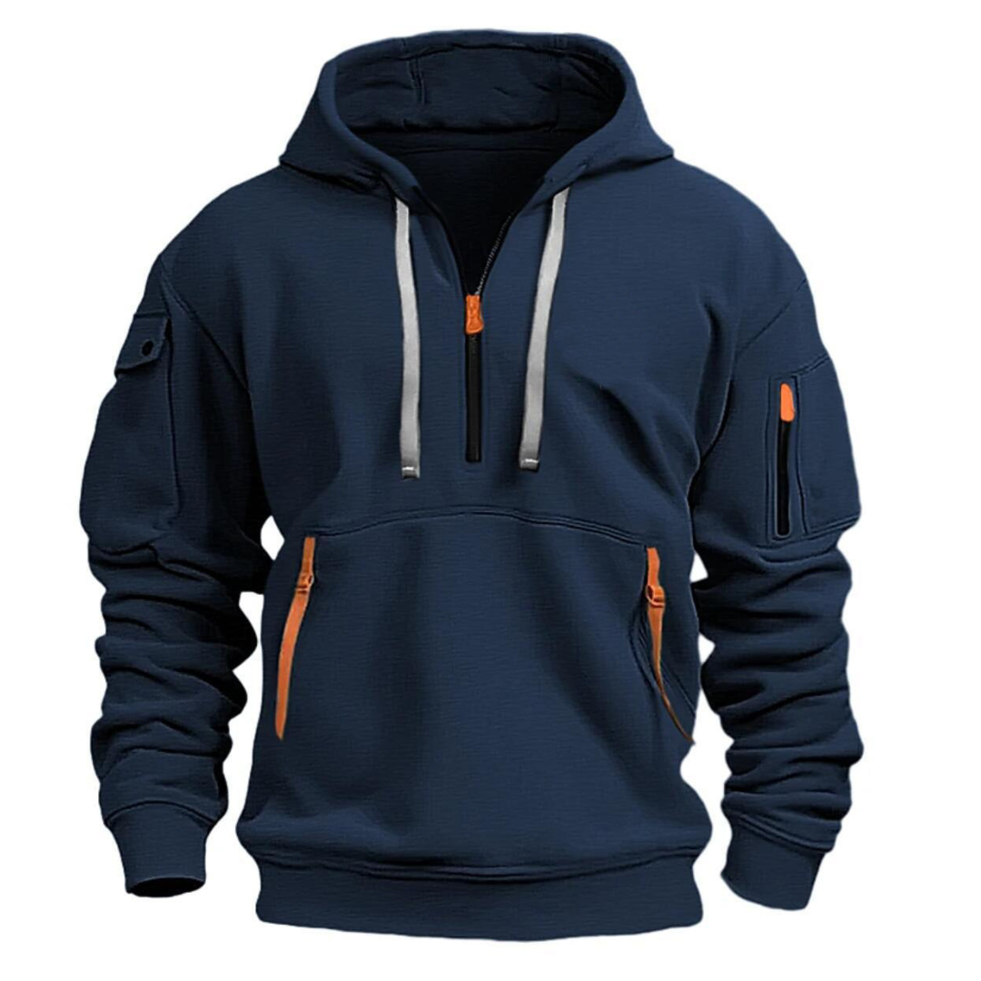 Men's casual hoodie with zip pockets and contrast zipper detail, relaxed fit