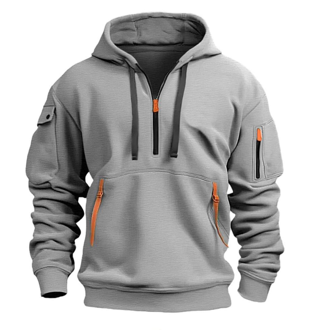 Men's casual hoodie with zip pockets and contrast zipper detail, relaxed fit