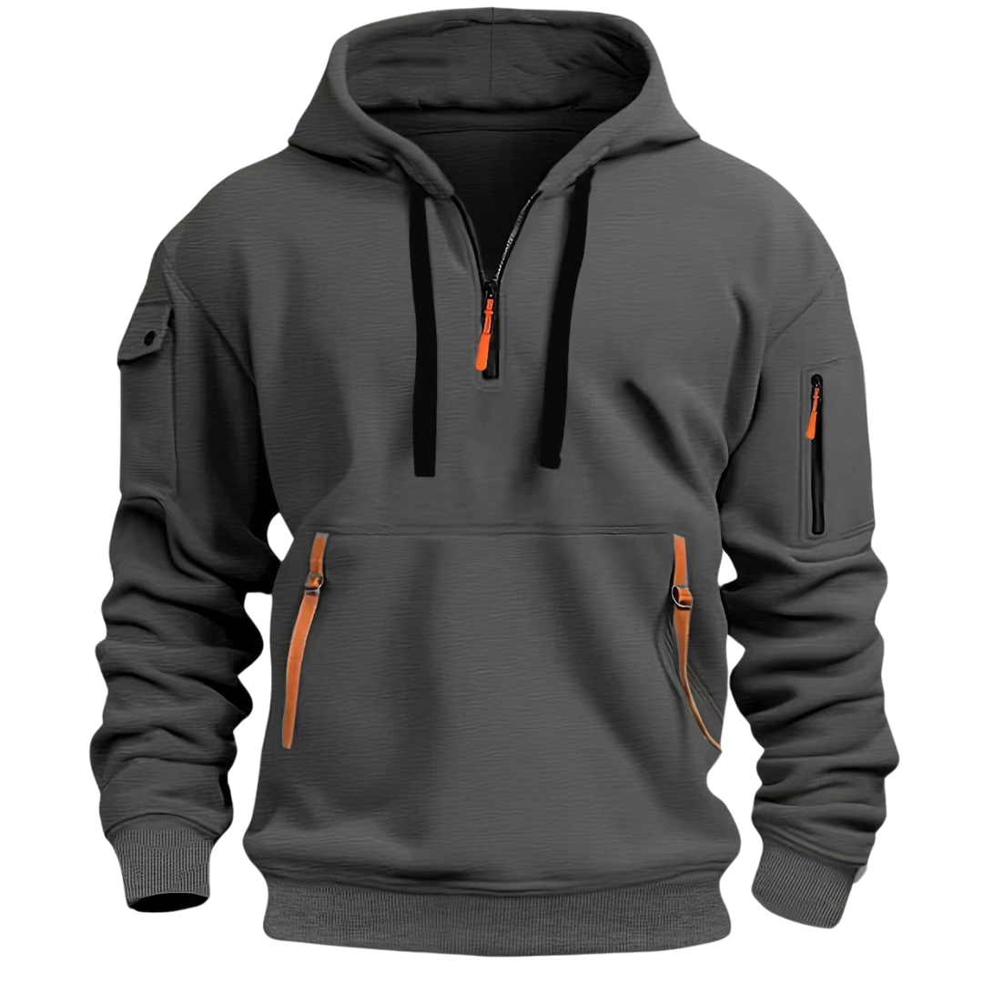 Men's casual hoodie with zip pockets and contrast zipper detail, relaxed fit