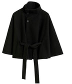 Women cape coat high collar belted waist in beige blue brown black