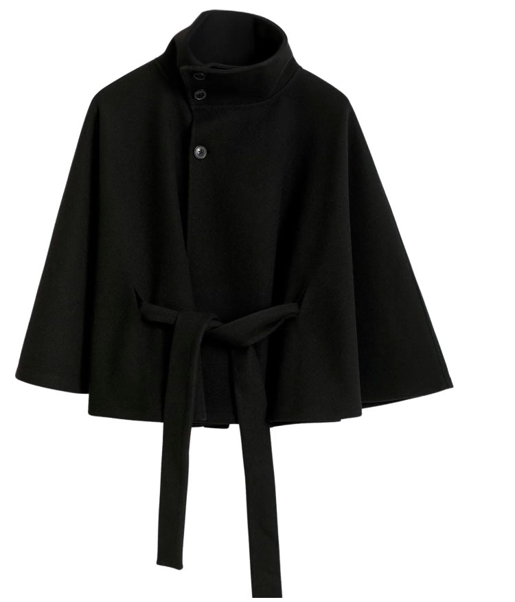 Women cape coat high collar belted waist in beige blue brown black