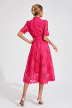 Women lace midi dress A-line fit and flare with mock neck and cutout waist