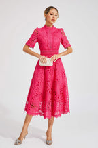 Women lace midi dress A-line fit and flare with mock neck and cutout waist