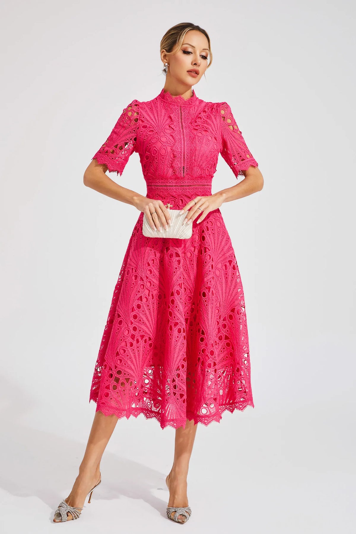 Women lace midi dress A-line fit and flare with mock neck and cutout waist